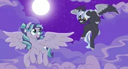 Size: 3377x1822 | Tagged: safe, artist:gypsycharm, derpibooru import, oc, oc:midnight blaze, oc:moonbeam glimmer, unofficial characters only, pegasus, pony, fanfic:the bridge, beamzilla, duo, female, flying, male, mare, mother and son, parent:godzilla junior, parent:oc:moonbeam glimmer, parents:beamzilla, stallion