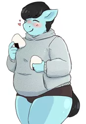 Size: 558x800 | Tagged: anthro, anthro oc, artist:cottoncloudy, bhm, blushing, chubby, crotch bulge, cute, derpibooru import, eating, fat, food, heart, male, oc, oc:sweet prance, onigiri, safe, soft, solo, unofficial characters only