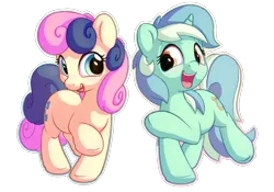 Size: 1100x770 | Tagged: safe, artist:bobdude0, derpibooru import, bon bon, lyra heartstrings, sweetie drops, earth pony, pony, unicorn, adorabon, cute, duo, female, lyrabetes, mare, open mouth, raised hoof, simple background, smiling, transparent background