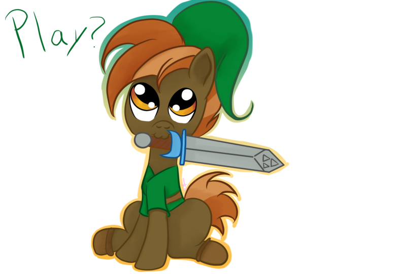 Size: 2874x1941 | Tagged: safe, artist:silversthreads, derpibooru import, button mash, earth pony, pony, :3, :i, boots, buttonbetes, clothes, colt, crossover, cute, dialogue, foal, hat, link, looking up, male, mouth hold, nom, shoes, simple background, sitting, smiling, solo, sword, text, the legend of zelda, the legend of zelda: ocarina of time, transparent background, weapon