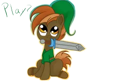 Size: 2874x1941 | Tagged: safe, artist:silversthreads, derpibooru import, button mash, earth pony, pony, :3, boots, buttonbetes, clothes, colt, crossover, cute, dialogue, foal, hat, :i, link, looking up, male, mouth hold, nom, shoes, simple background, sitting, smiling, solo, sword, text, the legend of zelda, the legend of zelda: ocarina of time, transparent background, weapon