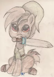 Size: 1382x1939 | Tagged: safe, artist:silversthreads, derpibooru import, button mash, pony, buttonbetes, clothes, colored pencil drawing, colored sketch, colt, crossover, cute, foal, male, sketch, solo, sword, the legend of zelda, the legend of zelda: ocarina of time, traditional art, weapon