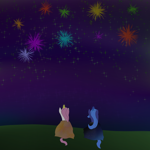 Size: 6000x6000 | Tagged: safe, artist:flamelight-dash, derpibooru import, princess celestia, princess luna, pony, absurd resolution, female, filly, fireworks, night, woona, younger