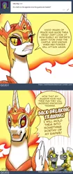 Size: 750x1784 | Tagged: safe, artist:johnjoseco, derpibooru import, daybreaker, alicorn, pony, unicorn, ask the solar destroyer, a royal problem, angry, ask, dialogue, fangs, fire, open mouth, royal guard, speech bubble, tumblr