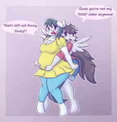 Size: 2365x2451 | Tagged: anthro, anthro oc, artist:funble, belly, blushing, clothes, derpibooru import, female, hug, mare, oc, oc:silver dust, oc:silver streak, pregnant, safe, sisters, unguligrade anthro, unofficial characters only