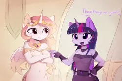 Size: 2204x1476 | Tagged: suggestive, artist:magnaluna, derpibooru import, princess celestia, twilight sparkle, twilight sparkle (alicorn), alicorn, anthro, alternative cutie mark placement, boob boop, boob poke, bracer, breasts, busty princess celestia, busty twilight sparkle, cleavage, clothes, crossed arms, crown, dialogue, dress, ear fluff, female, fingerless gloves, forehead cutie mark, gloves, jewelry, lesbian, mare, necklace, open mouth, poking, regalia, shipping, shoulderless, smiling, talking, twilestia