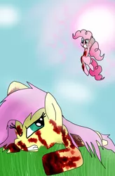 Size: 1600x2444 | Tagged: grimdark, artist:raywishes, derpibooru import, fluttershy, pinkie pie, pony, smile hd, blood, dragon ball z, smile bomb, spirit bomb