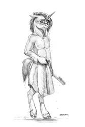 Size: 1100x1649 | Tagged: anthro, artist:baron engel, brush, clothes, derpibooru import, floppy ears, glasses, grayscale, looking at you, male, monochrome, partial nudity, pencil drawing, simple background, sketch, solo, solo male, stallion, suggestive, sunburst, topless, towel, traditional art, unguligrade anthro, white background
