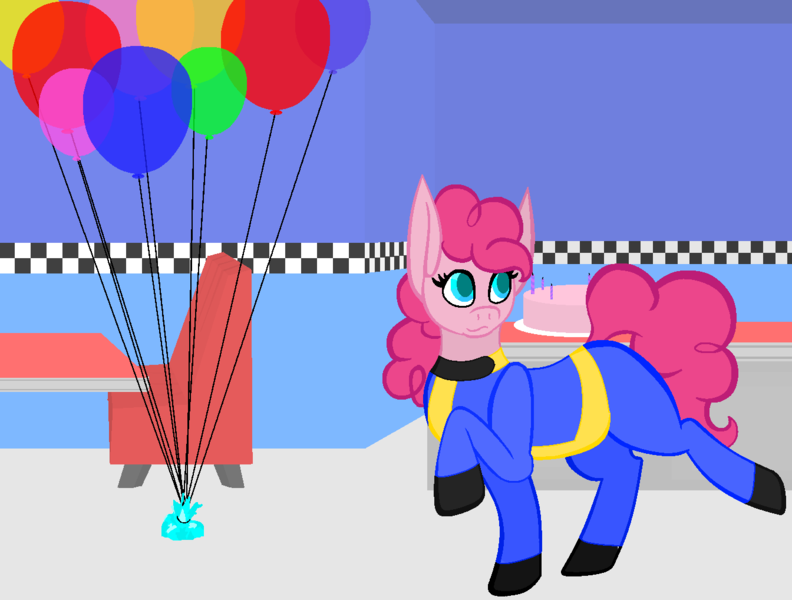 Size: 1344x1018 | Tagged: safe, artist:ahaintthatbad, derpibooru import, pinkie pie, earth pony, pony, fallout equestria, fanfic, balloon, cake, clothes, crossover, fallout, fanfic art, female, food, hooves, jumpsuit, mare, ministry mares, solo, stable, vault suit