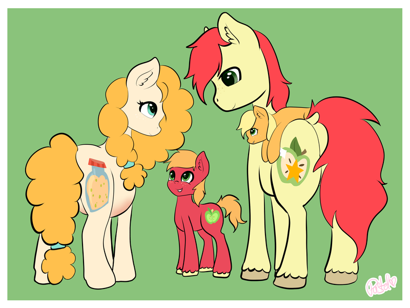 Size: 3000x2250 | Tagged: safe, artist:otpl, derpibooru import, applejack, big macintosh, bright mac, pear butter, earth pony, pony, the perfect pear, brightbutter, cutie mark, dock, ear fluff, female, foal, green background, imminent apple bloom, looking at each other, male, pregnant, shipping, simple background, smiling, straight