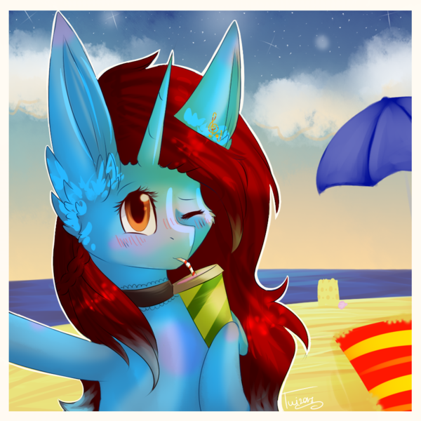 Size: 1000x1000 | Tagged: safe, artist:twinkepaint, derpibooru import, oc, oc:dess, unofficial characters only, pony, unicorn, beach, choker, cup, female, mare, one eye closed, photo, solo, wink