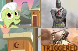Size: 900x589 | Tagged: safe, derpibooru import, screencap, granny smith, pony, the perfect pear, blasphemy, christianity, cross, crusade, crusader, crusades, deus vult, discrimination, drama, exploitable meme, fantasy class, islam, knight, knights templar, meme, outhouse, paladin, racism, star and crescent, triggered, warrior