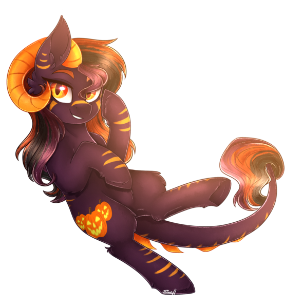 Size: 1829x1866 | Tagged: safe, artist:cloud-drawings, derpibooru import, oc, oc:pumpkin prank, unofficial characters only, dracony, hybrid, pony, female, halloween, holiday, horns, jack-o-lantern, pumpkin, ram horns, simple background, solo, transparent background