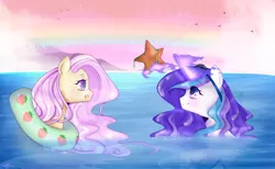 Size: 1700x1045 | Tagged: safe, artist:clefficia, derpibooru import, oc, oc:strawberry, oc:windy cloud, unofficial characters only, pony, starfish, inner tube, magic, ocean, water