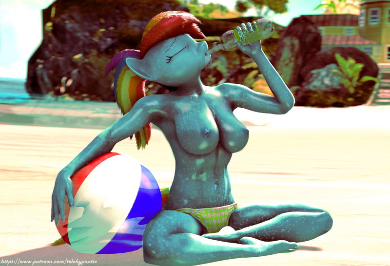 Size: 3162x2160 | Tagged: 3d, alternate hairstyle, anthro, armpits, artist:telehypnotic, barefoot, beach, beach ball, bikini, bikini bottom, breasts, busty rainbow dash, clothes, derpibooru import, feet, female, implied flutterdash, implied lesbian, implied shipping, nipples, nudity, partial nudity, plantigrade anthro, ponytail, questionable, rainbow dash, sitting, solo, solo female, source filmmaker, swimsuit, topless, water drops, wet mane