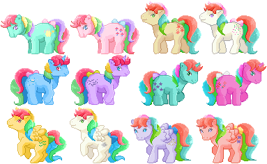 Size: 383x236 | Tagged: safe, artist:conphettey, derpibooru import, pony, g1, pixel art, rainbow ponies, simple background, transparent background