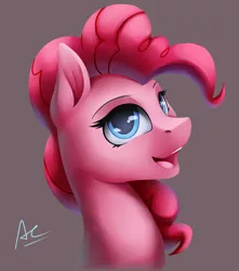 Size: 1600x1813 | Tagged: safe, artist:ac-whiteraven, derpibooru import, pinkie pie, earth pony, pony, bust, female, mare, open mouth, simple background, smiling, solo