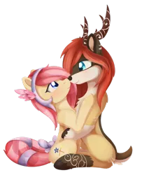 Size: 1024x1261 | Tagged: safe, artist:dusthiel, derpibooru import, oc, oc:bloom flower, oc:thicket, unofficial characters only, crystal pony, deer, original species, pony, boop, bow, female, interspecies, male, noseboop, shipping, simple background, sitting, straight, tail bow, transparent background