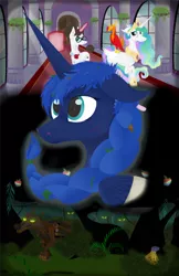 Size: 652x1004 | Tagged: safe, artist:pony-from-everfree, derpibooru import, philomena, princess celestia, princess luna, raven, pony, timber wolf, unicorn, apple, assistant, braid, bruised, canterlot castle, collage, cover art, digital art, everfree forest, food, glowing eyes, glowing eyes of doom, lineless, the forest pony, vector, zap apple