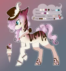 Size: 1190x1284 | Tagged: artist:monogy, derpibooru import, fishnets, food, food pony, hat, ice cream, ice cream pony, oc, oc:sundae surprise, original species, reference sheet, safe, solo, unofficial characters only