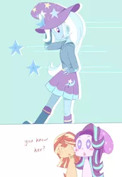 Size: 2370x3444 | Tagged: safe, artist:yuck, derpibooru import, starlight glimmer, sunset shimmer, trixie, equestria girls, blushing, female, lesbian, shipping, startrix