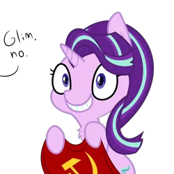 Size: 7000x7000 | Tagged: safe, artist:besttubahorse, artist:tjpones, derpibooru import, starlight glimmer, pony, unicorn, absurd resolution, chest fluff, communism, dialogue, evil grin, female, flag, grin, hammer and sickle, hoof hold, mare, offscreen character, s5 starlight, simple background, sitting, smiling, solo, squee, stalin glimmer, text, this will end in communism, transparent background, vector
