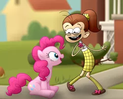 Size: 1966x1592 | Tagged: safe, artist:frogem, derpibooru import, pinkie pie, human, pony, clothes, crossover, duo, female, luan loud, mare, the loud house