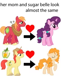 Size: 1200x1500 | Tagged: safe, artist:chikiz65, derpibooru import, big macintosh, bright mac, pear butter, sugar belle, the perfect pear, brightbutter, female, male, oedipus complex, shipping, slowpoke, straight, sugarmac, text