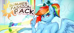 Size: 4200x1898 | Tagged: absurd resolution, advertisement, anthro, artist:tallyburd, art pack, art pack cover, art pack:summer passion pack, breasts, derpibooru import, female, nail polish, peace sign, rainbow dash, solo, solo female, suggestive