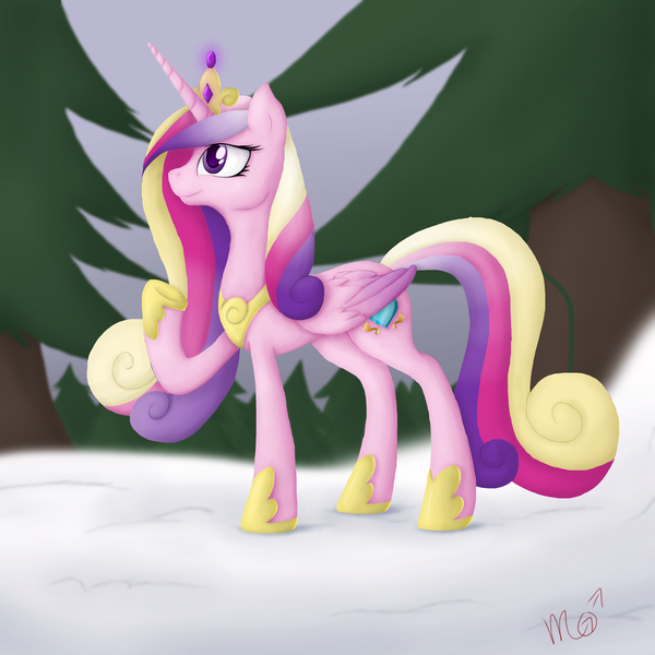 Size: 2500x2500 | Tagged: safe, artist:siekit442, derpibooru import, princess cadance, alicorn, pony, female, forest, mare, raised hoof, snow, solo, tree, winter