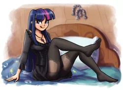 Size: 1600x1170 | Tagged: suggestive, artist:king-kakapo, derpibooru import, twilight sparkle, human, bed, blanket, blushing, breasts, clothes, corset, dress, feet, female, golden oaks library, horseshoes, human female, humanized, jewelry, lifted leg, missing shoes, necklace, panties, pantyhose, pillow, skirt, skirt lift, solo, solo female, thighs, tongue out, underwear, upskirt