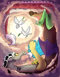 Size: 787x1012 | Tagged: artist:kallarmo, bird, cloud, cloudy, crepuscular rays, derpibooru import, discord, dove, draconequus, olive branch, on back, peace, peace symbol, pendant, safe, smiling, solo