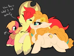 Size: 1438x1087 | Tagged: safe, artist:kaydolf, derpibooru import, big macintosh, bright mac, pear butter, pony, the perfect pear, brightbutter, colt, eeyup, family, father and son, female, foal, husband and wife, implied applejack, male, mother and son, pregnant, shipping, snuggling