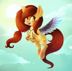 Size: 894x882 | Tagged: safe, artist:starchasesketches, derpibooru import, oc, oc:summertime sadness, unofficial characters only, pegasus, pony, blushing, cloud, cute, female, flying, open mouth, sky, solo, summer