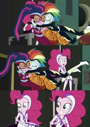 Size: 1143x1619 | Tagged: safe, derpibooru import, screencap, fili-second, masked matter-horn, pinkie pie, rainbow dash, sci-twi, twilight sparkle, zapp, equestria girls, movie magic, spoiler:eqg specials, clothes, costume, female, glomp, power ponies