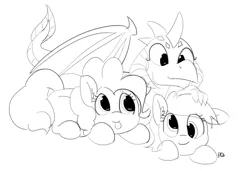Size: 6508x4452 | Tagged: safe, artist:pabbley, derpibooru import, derpy hooves, pinkie pie, princess ember, dragon, pony, absurd resolution, cuddle puddle, cuddling, cute, diapinkes, emberbetes, monochrome, pony pile, simple background, tongue out, white background