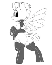 Size: 7364x9193 | Tagged: safe, artist:pabbley, derpibooru import, thunderlane, pegasus, pony, absurd resolution, bipedal, clothes, dock, featureless crotch, looking back, male, monochrome, simple background, socks, solo, spread wings, stallion, thigh highs, uniform, white background, wings, wonderbolt trainee uniform