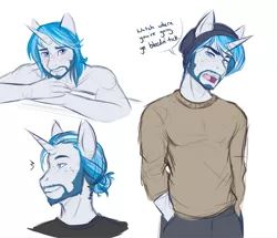 Size: 996x856 | Tagged: safe, artist:askbubblelee, derpibooru import, oc, oc:bubble lee, oc:gent lee, oc:imago, unofficial characters only, anthro, unicorn, anthro oc, colored sketch, dialogue, facial hair, freckles, hands in pockets, hat, male, man bun, rule 63, simple background, smiling, solo, stallion, white background