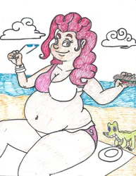 Size: 1700x2200 | Tagged: artist needed, bikini, breasts, clothes, derpibooru import, fat, gummy, human, humanized, obese, piggy pie, pinkie pie, pudgy pie, suggestive, swimsuit, traditional art