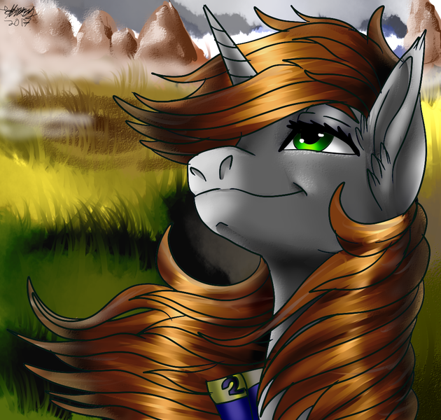 Size: 1050x1000 | Tagged: safe, artist:brainiac, derpibooru import, oc, oc:littlepip, unofficial characters only, earth pony, pony, unicorn, fallout equestria, fanfic, bust, clothes, fanfic art, female, field, grass, grass field, horn, mare, solo, vault suit