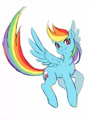 Size: 951x1280 | Tagged: safe, artist:stuckyi-tbr, derpibooru import, rainbow dash, pegasus, pony, awesome, flying, looking at you, simple background, solo, white background