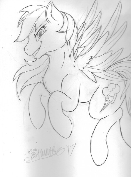 Size: 952x1280 | Tagged: safe, artist:marcushunter, derpibooru import, rainbow dash, pony, backwards cutie mark, flying, grin, monochrome, signature, sketch, smiling, solo, traditional art