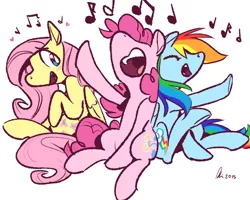 Size: 1500x1200 | Tagged: safe, artist:rwl, derpibooru import, fluttershy, pinkie pie, rainbow dash, earth pony, pegasus, pony, blushing, cute, eyes closed, music, music notes, nose in the air, open mouth, simple background, singing, sitting, trio, white background