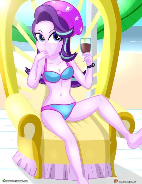 Size: 1500x1942 | Tagged: suggestive, artist:dieart77, derpibooru import, starlight glimmer, equestria girls, mirror magic, spoiler:eqg specials, barefoot, beach, beanie, belly button, bikini, breasts, chair, clothes, deviantart logo, drink, feet, female, gritted teeth, hat, looking at you, patreon, patreon logo, sitting, smiling, solo, solo female, swimsuit