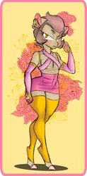 Size: 592x1202 | Tagged: suggestive, artist:greaserparty, derpibooru import, oc, oc:duce slick, unofficial characters only, anthro, earth pony, unguligrade anthro, blushing, clothes, crossdressing, male, mesh, solo, solo male, stockings, thigh highs