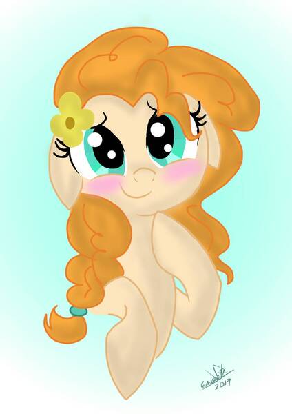 Size: 1000x1414 | Tagged: safe, artist:emositecc, derpibooru import, pear butter, earth pony, pony, the perfect pear, bust, female, floppy ears, flower, flower in hair, gradient background, mare, portrait, signature, smiling, solo