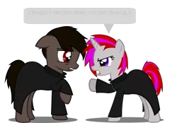 Size: 1435x1000 | Tagged: safe, artist:darksoma, derpibooru import, oc, oc:lucas eight, oc:violet erisa, unofficial characters only, earth pony, pony, unicorn, angry, brother and sister, clothes, coats, confrontation, female, hoodie, male, point, purple eyes, redish eyes, simple background, spy, the darksiders, transparent background, upset, user:darksoma, vector