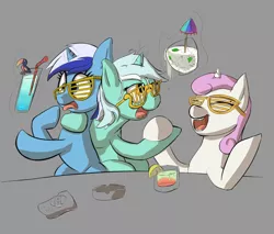 Size: 2000x1700 | Tagged: safe, artist:jellerjar, derpibooru import, lyra heartstrings, minuette, twinkleshine, pony, unicorn, 4chan, alcohol, ashtray, choking, cocktail, cup, drawthread, drink, drunk, glass, magic, open mouth, shutter shades, straw, telekinesis, tongue out, umbrella