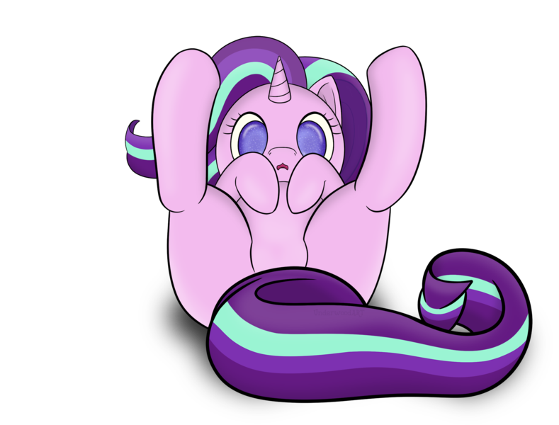 Size: 1823x1387 | Tagged: safe, artist:underwoodart, derpibooru import, starlight glimmer, pony, unicorn, featureless crotch, looking at you, on back, simple background, solo, transparent background