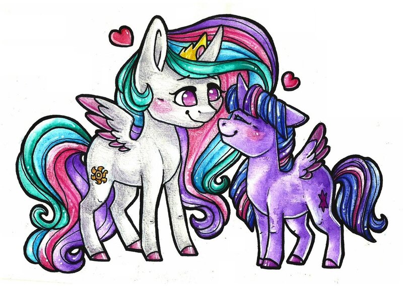 Size: 1024x733 | Tagged: safe, artist:twixyamber, derpibooru import, princess celestia, twilight sparkle, twilight sparkle (alicorn), alicorn, pony, blushing, chibi, colored wings, colored wingtips, female, heart, lesbian, shipping, traditional art, twilestia